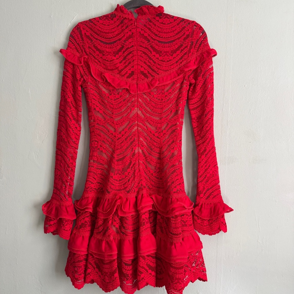 Jonathan Simkhai Red Lace Ruffle Mini Dress Long Sleeve Scallop Cocktail XS sz2 - Picture 7 of 15
